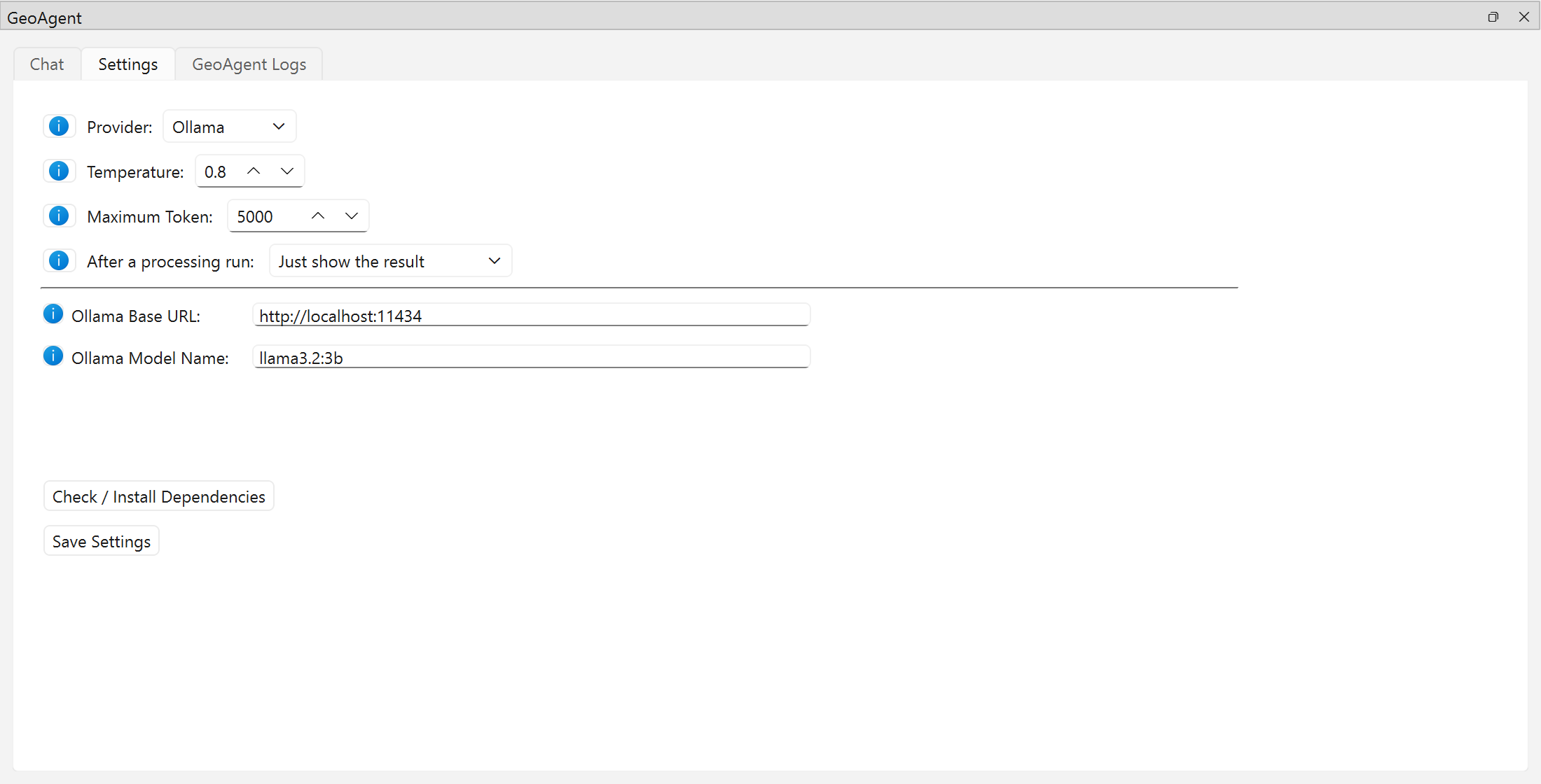 The Settings tab with Ollama selected